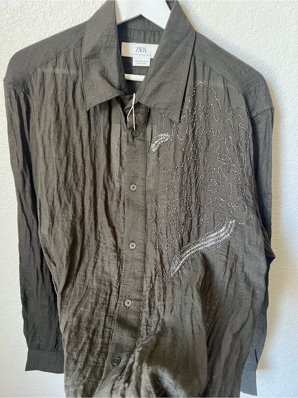 Zara Men Limited Edition Floral Beaded Embroidered Shirt NWT Gunmetal Green - Picture 10 of 11